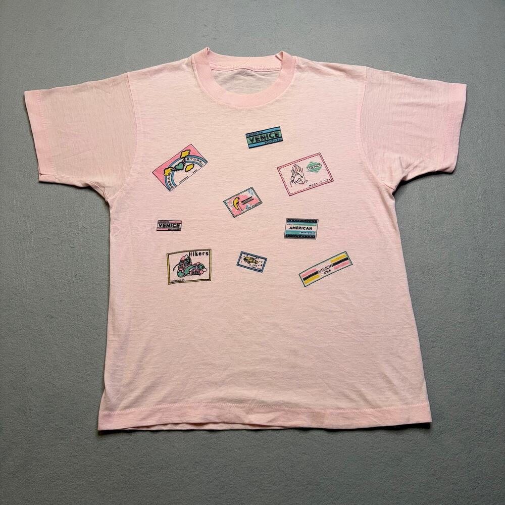 Vintage‎ 80s Pink All Over Patch Graphic T-Shirt Small Made In USA Venice